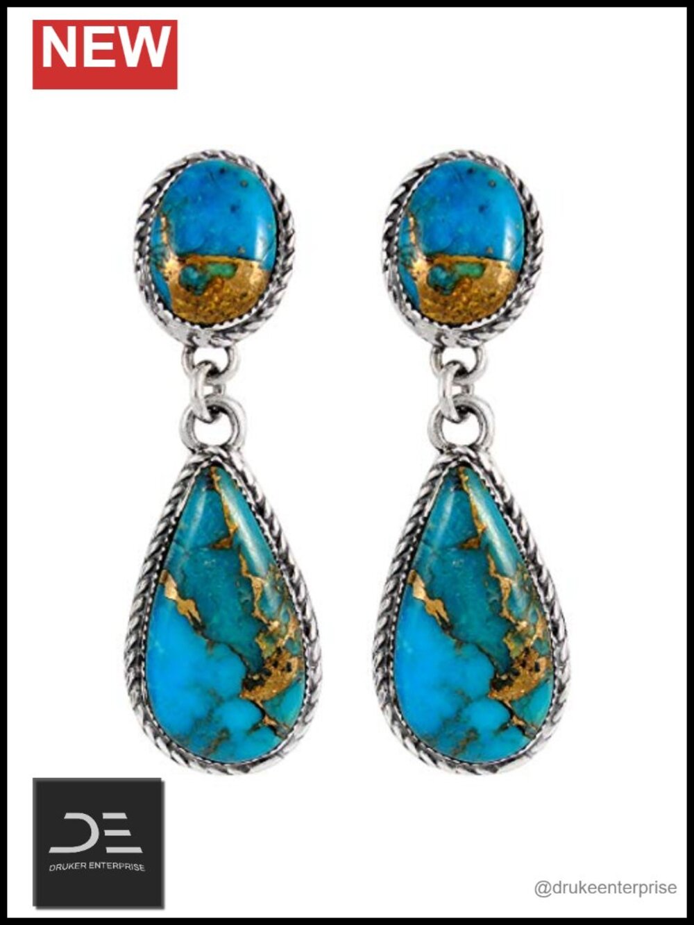 Sterling Silver Genuine Matrix Turquoise Earrings Bold Teardrop Lever Back